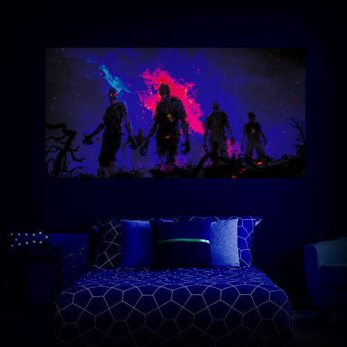 Halloween Backdrop Walking Zombies HL-WZM006 - Colorful UV Backdrop XL Dark Tapestry Psychedelic UV-Reactive Fluorescent Wall Art - Bedroom Interior Preview - UV