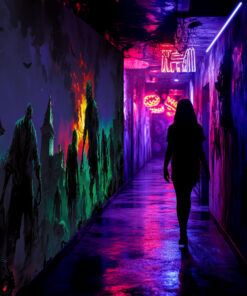 Halloween Backdrop Walking Zombies HL-WZM007 - Colorful UV Backdrop XL Dark Tapestry Psychedelic UV-Reactive Fluorescent Wall Art - Haunted House Interior Preview - UV Light