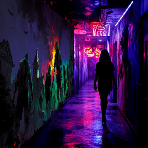 Halloween Backdrop Walking Zombies HL-WZM007 - Colorful UV Backdrop XL Dark Tapestry Psychedelic UV-Reactive Fluorescent Wall Art - Haunted House Interior Preview - UV Light