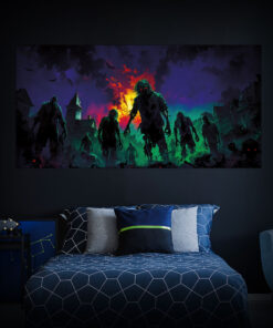 Halloween Backdrop Walking Zombies HL-WZM007 - Colorful UV Backdrop XL Dark Tapestry Psychedelic UV-Reactive Fluorescent Wall Art - Bedroom Interior Preview - Daylight