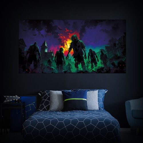 Halloween Backdrop Walking Zombies HL-WZM007 - Colorful UV Backdrop XL Dark Tapestry Psychedelic UV-Reactive Fluorescent Wall Art - Bedroom Interior Preview - Daylight