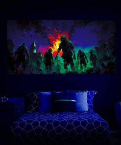 Halloween Backdrop Walking Zombies HL-WZM007 - Colorful UV Backdrop XL Dark Tapestry Psychedelic UV-Reactive Fluorescent Wall Art - Bedroom Interior Preview - UV