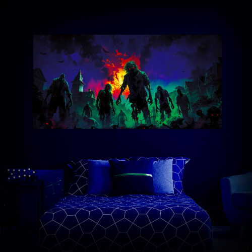 Halloween Backdrop Walking Zombies HL-WZM007 - Colorful UV Backdrop XL Dark Tapestry Psychedelic UV-Reactive Fluorescent Wall Art - Bedroom Interior Preview - UV