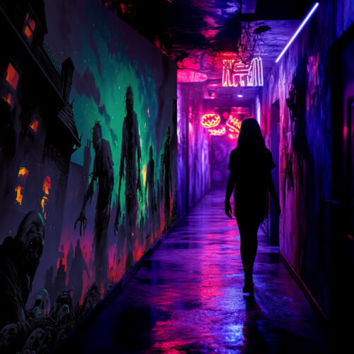 Halloween Backdrop Walking Zombies HL-WZM008 - Colorful UV Backdrop XL Dark Tapestry Psychedelic UV-Reactive Fluorescent Wall Art - Haunted House Interior Preview - UV Light