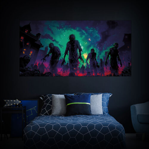Halloween Backdrop Walking Zombies HL-WZM008 - Colorful UV Backdrop XL Dark Tapestry Psychedelic UV-Reactive Fluorescent Wall Art - Bedroom Interior Preview - Daylight