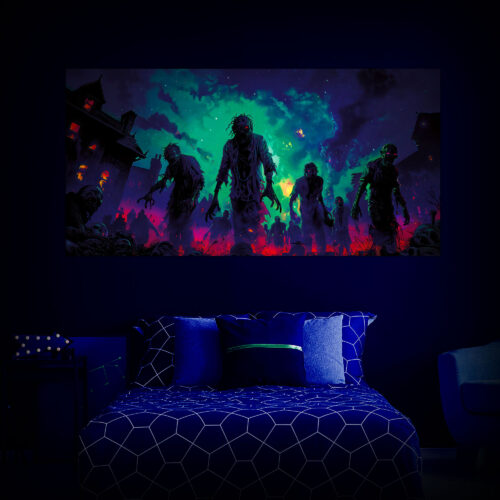 Halloween Backdrop Walking Zombies HL-WZM008 - Colorful UV Backdrop XL Dark Tapestry Psychedelic UV-Reactive Fluorescent Wall Art - Bedroom Interior Preview - UV