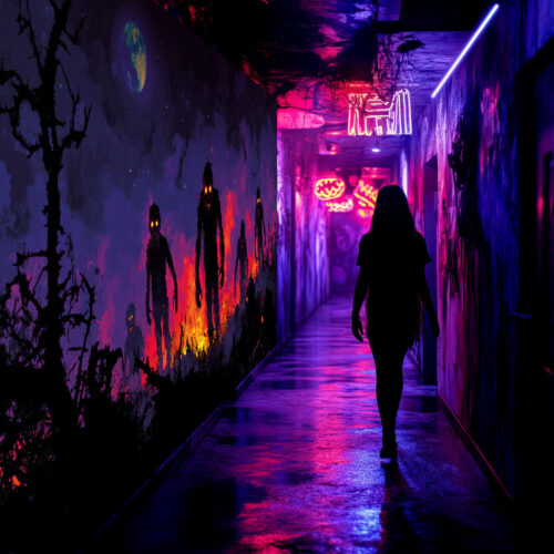 Halloween Backdrop Walking Zombies HL-WZM009 - Colorful UV Backdrop XL Dark Tapestry Psychedelic UV-Reactive Fluorescent Wall Art - Haunted House Interior Preview - UV Light