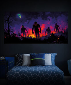 Halloween Backdrop Walking Zombies HL-WZM009 - Colorful UV Backdrop XL Dark Tapestry Psychedelic UV-Reactive Fluorescent Wall Art - Bedroom Interior Preview - Daylight