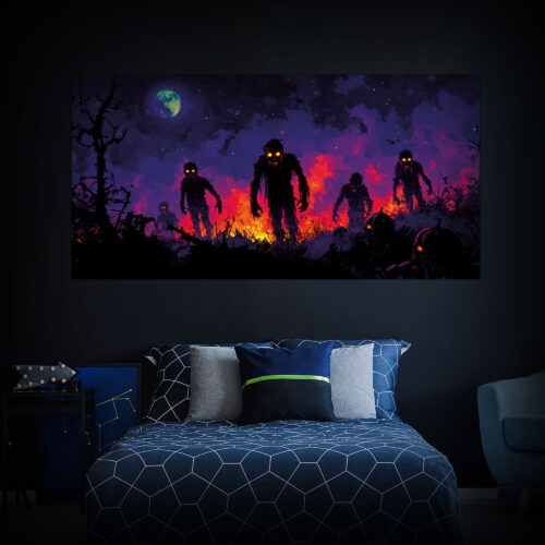 Halloween Backdrop Walking Zombies HL-WZM009 - Colorful UV Backdrop XL Dark Tapestry Psychedelic UV-Reactive Fluorescent Wall Art - Bedroom Interior Preview - Daylight