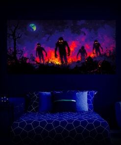 Halloween Backdrop Walking Zombies HL-WZM009 - Colorful UV Backdrop XL Dark Tapestry Psychedelic UV-Reactive Fluorescent Wall Art - Bedroom Interior Preview - UV