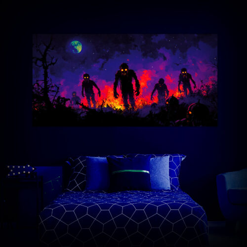 Halloween Backdrop Walking Zombies HL-WZM009 - Colorful UV Backdrop XL Dark Tapestry Psychedelic UV-Reactive Fluorescent Wall Art - Bedroom Interior Preview - UV