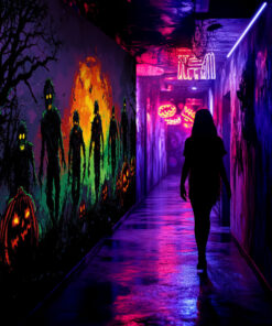 Halloween Backdrop Walking Zombies HL-WZM010 - Colorful UV Backdrop XL Dark Tapestry Psychedelic UV-Reactive Fluorescent Wall Art - Haunted House Interior Preview - UV Light