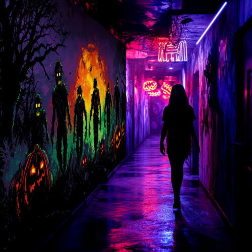 Halloween Backdrop Walking Zombies HL-WZM010 - Colorful UV Backdrop XL Dark Tapestry Psychedelic UV-Reactive Fluorescent Wall Art - Haunted House Interior Preview - UV Light