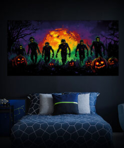 Halloween Backdrop Walking Zombies HL-WZM010 - Colorful UV Backdrop XL Dark Tapestry Psychedelic UV-Reactive Fluorescent Wall Art - Bedroom Interior Preview - Daylight