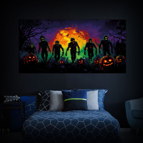 Halloween Backdrop Walking Zombies HL-WZM010 - Colorful UV Backdrop XL Dark Tapestry Psychedelic UV-Reactive Fluorescent Wall Art - Bedroom Interior Preview - Daylight