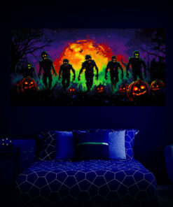 Halloween Backdrop Walking Zombies HL-WZM010 - Colorful UV Backdrop XL Dark Tapestry Psychedelic UV-Reactive Fluorescent Wall Art - Bedroom Interior Preview - UV