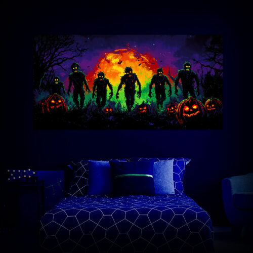 Halloween Backdrop Walking Zombies HL-WZM010 - Colorful UV Backdrop XL Dark Tapestry Psychedelic UV-Reactive Fluorescent Wall Art - Bedroom Interior Preview - UV