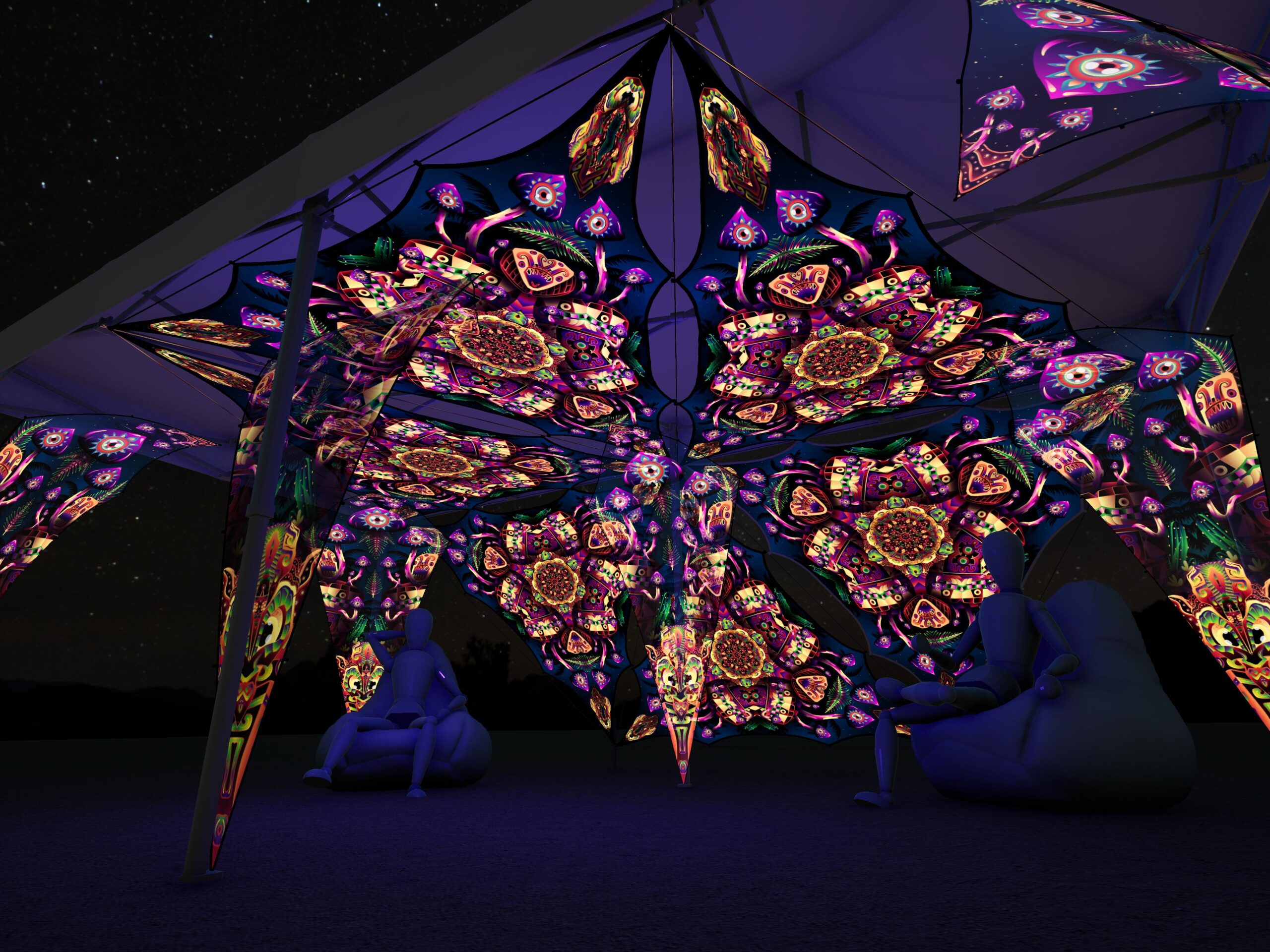 Fungal Rift - FR-TR04 - Music Festival Camp Set - Advanced - 3D render - Night/UV-light